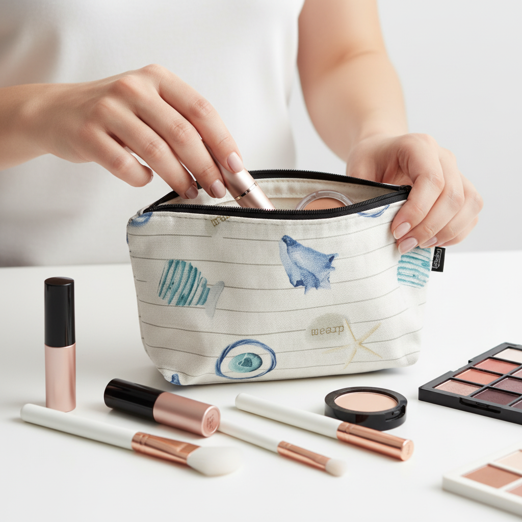 Woman putting cosmetic products into white cat cosmetic pouch