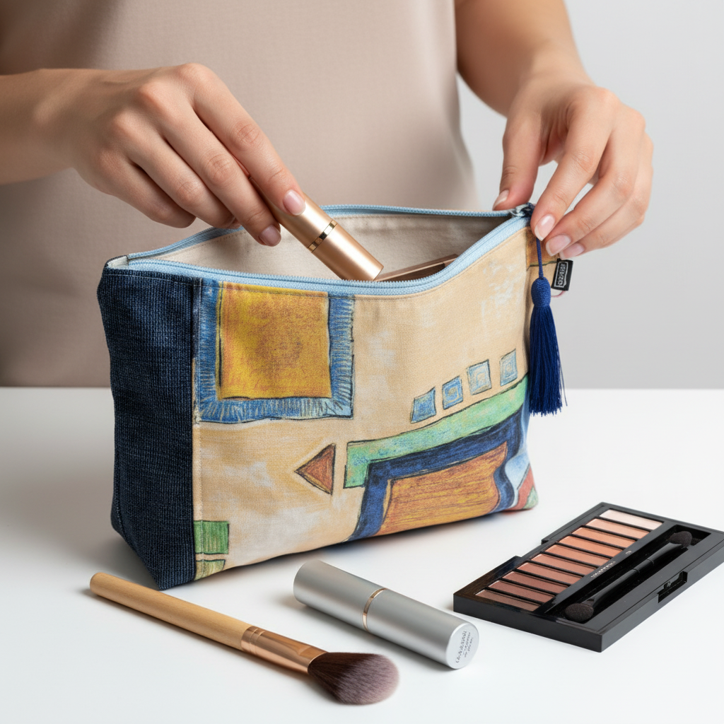 Woman putting makeup into artistic house cosmetic pouch