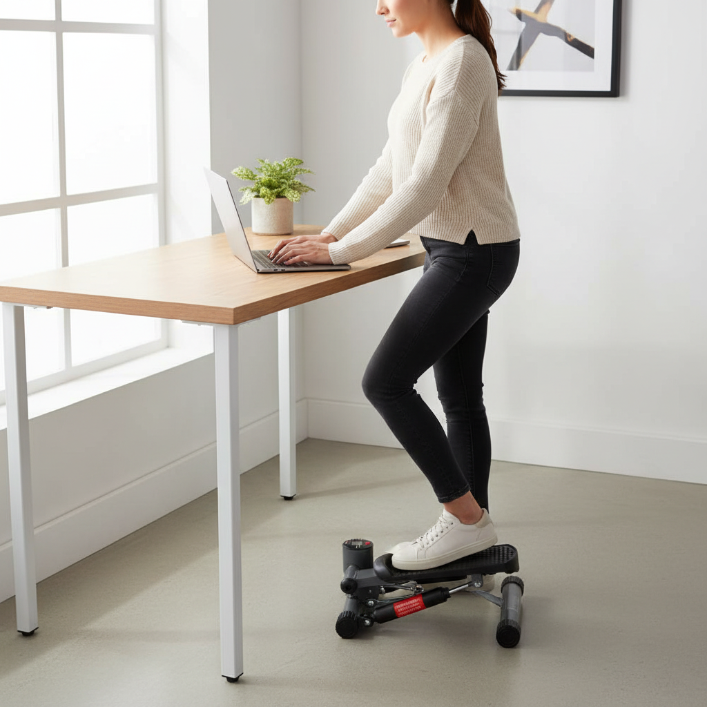 Woman using mini stepper under desk while working