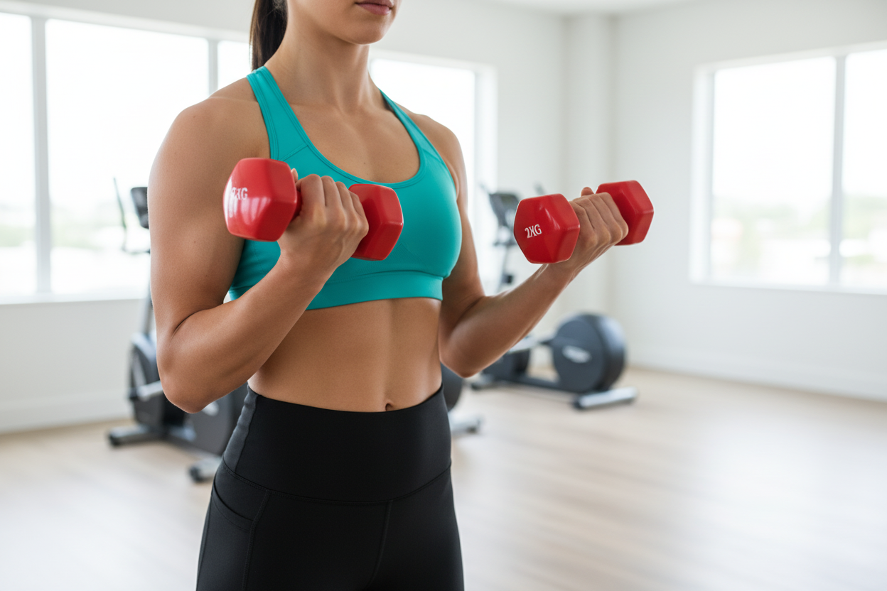 Woman using red dumbbells