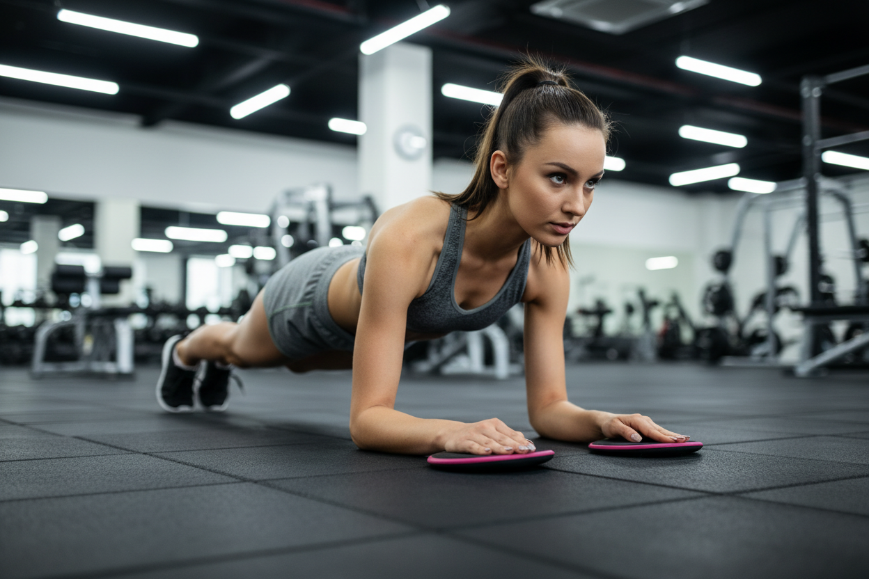 Woman using slider discs for core exercise in gym