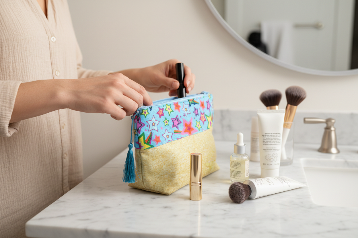 Woman using star pattern pouch for cosmetics