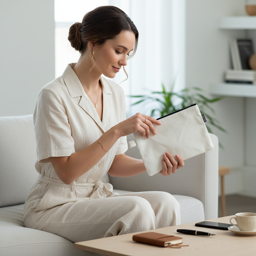 Woman using white textured pouch