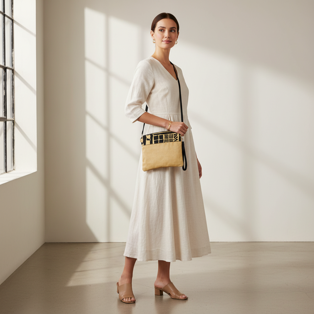 Woman wearing beige and black geometric crossbody bag