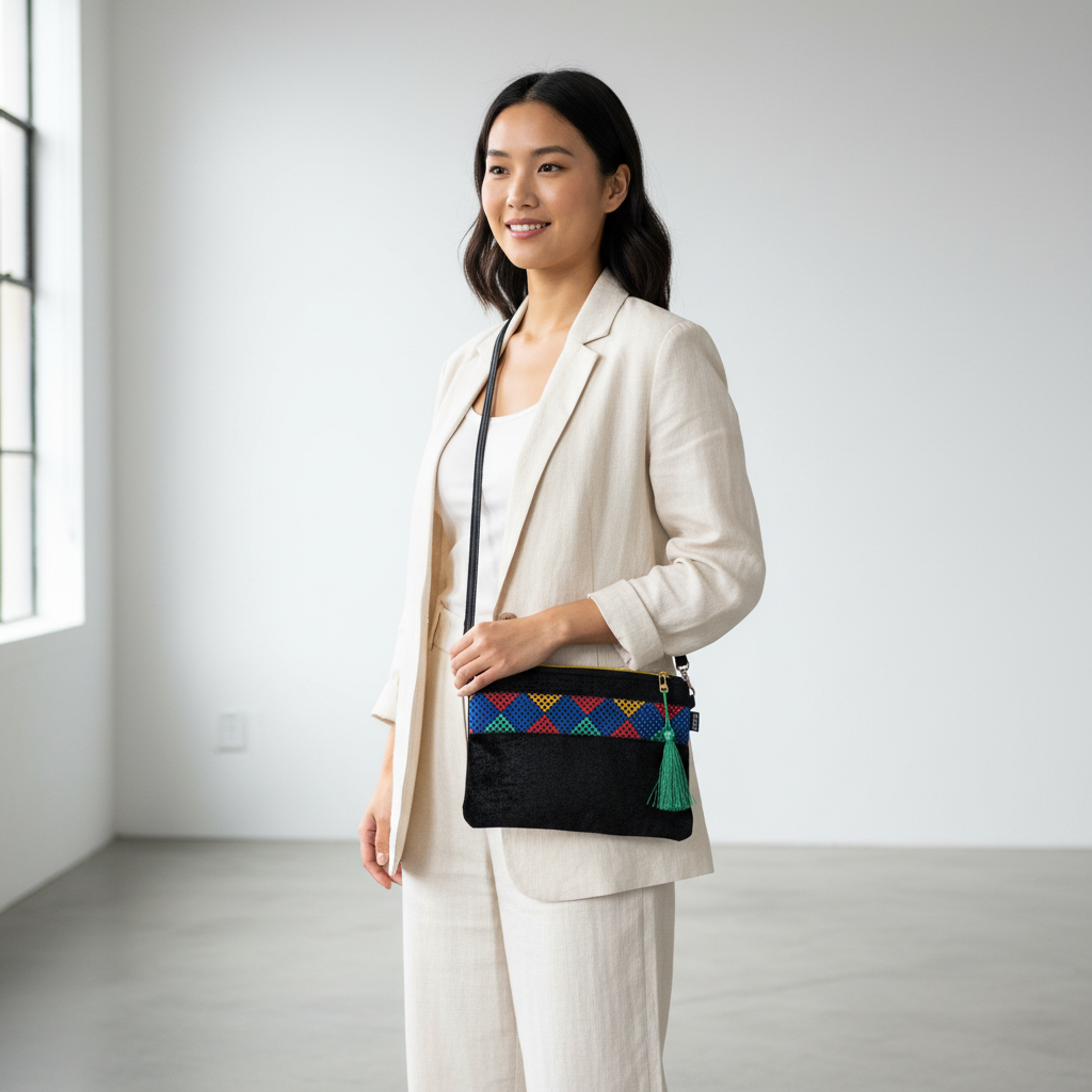 Woman wearing black crossbody bag with colorful geometric pattern
