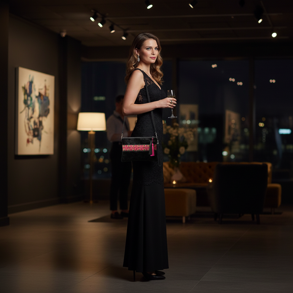 Woman wearing black crossbody bag with pink embroidered pattern in elegant occasion setting