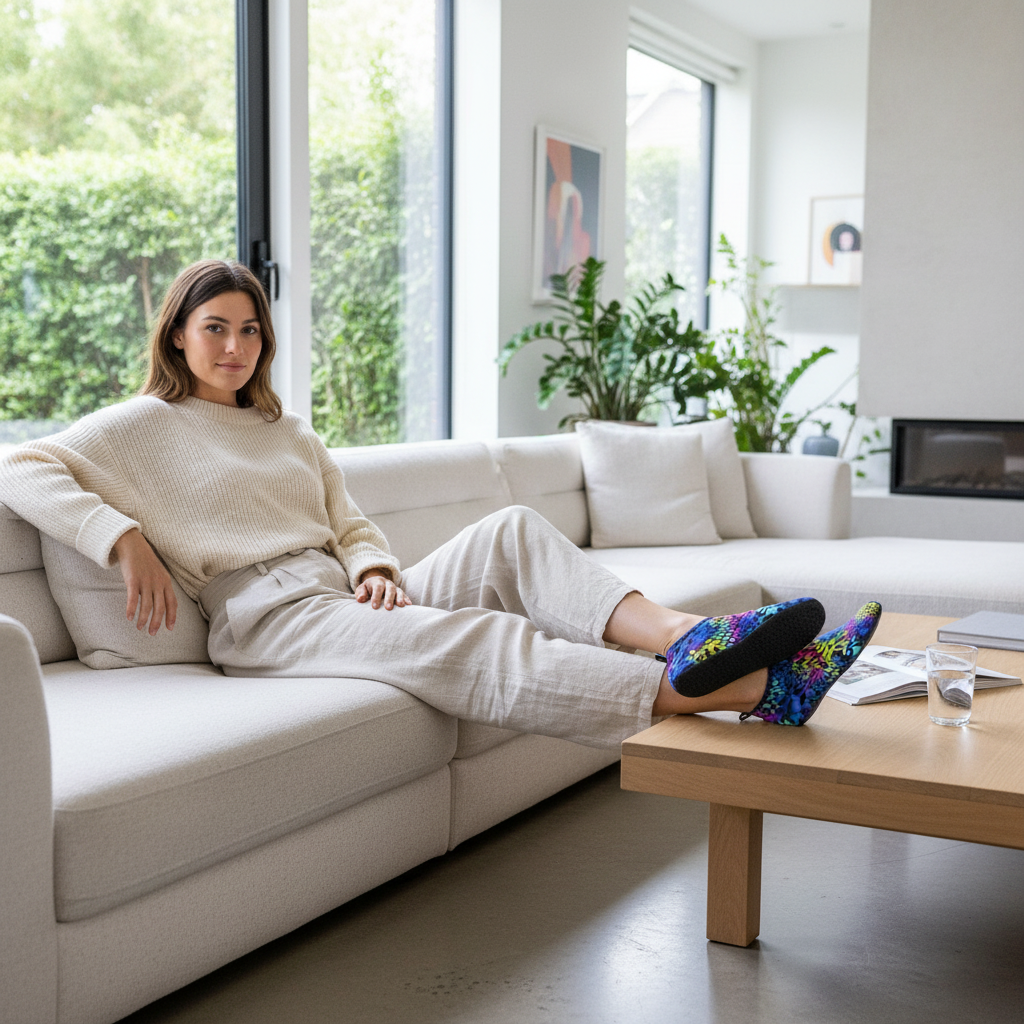 Woman wearing colorful multi-pattern water shoes indoors