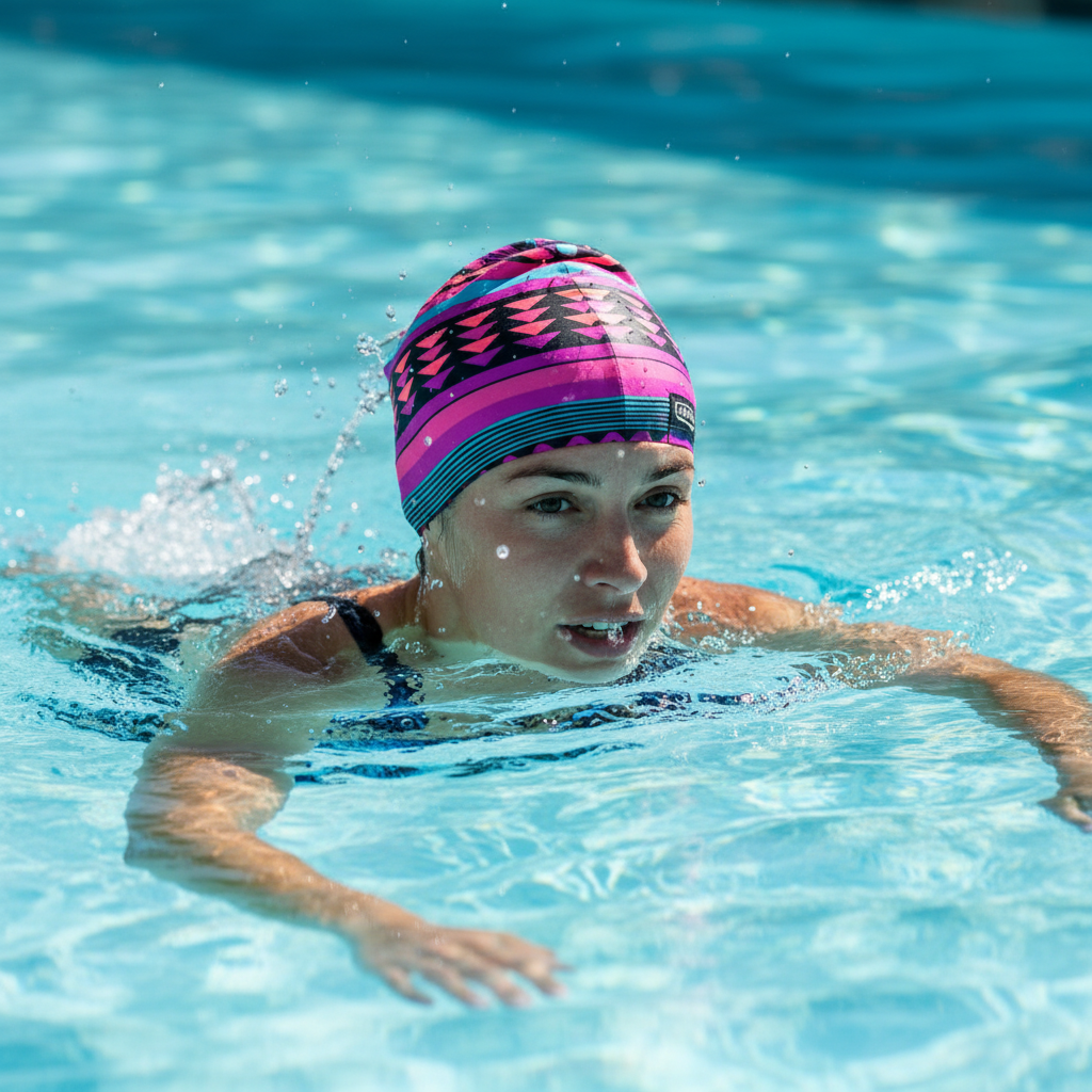 Woman wearing geometric patterned lycra cap in pool