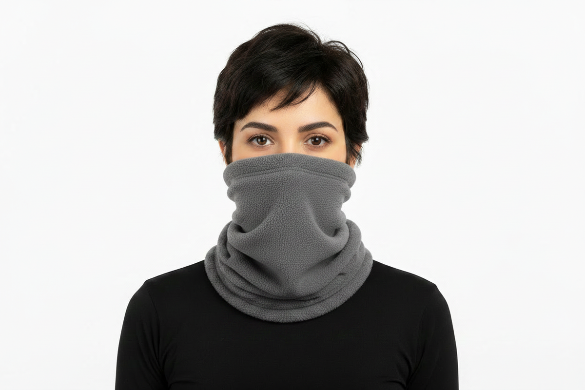 Woman Wearing Grey Fleece Neck Gaiter
