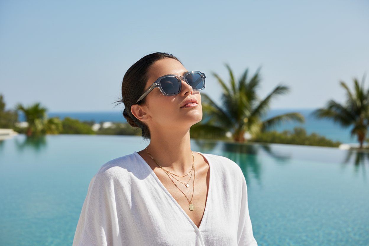 Woman wearing grey sunglasses at the pool