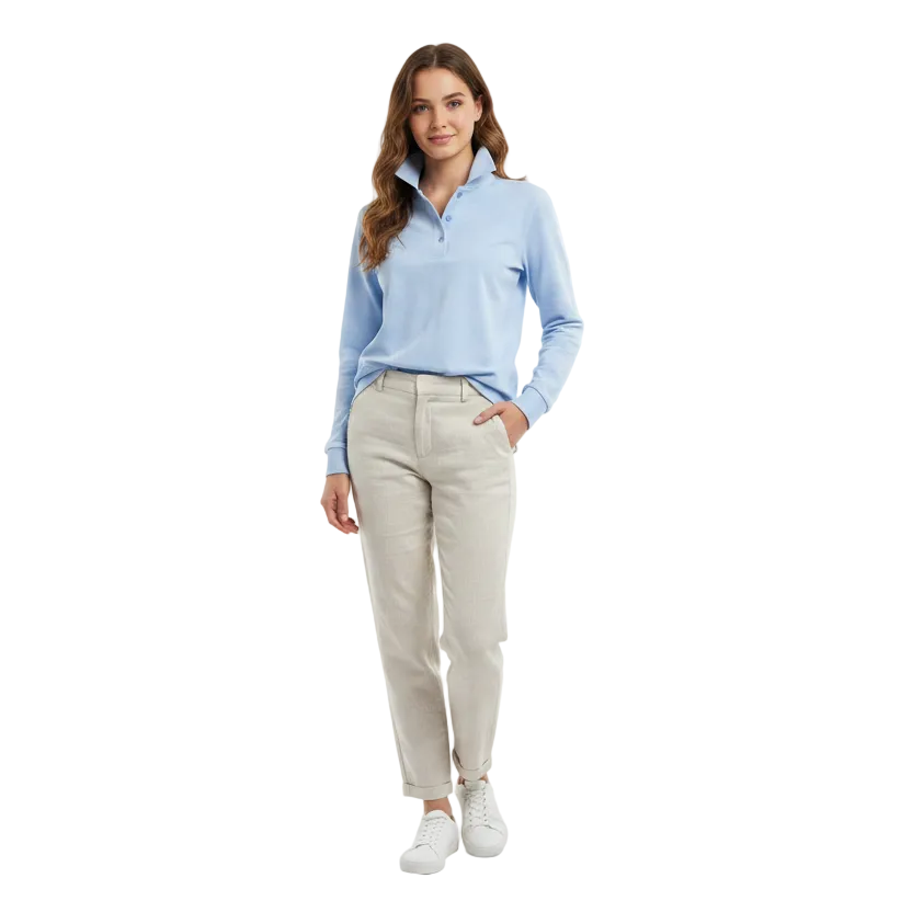 Woman wearing light blue polo
