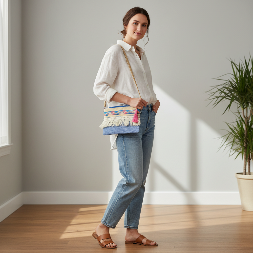 Woman wearing multicolor crossbody bag with fringe and denim