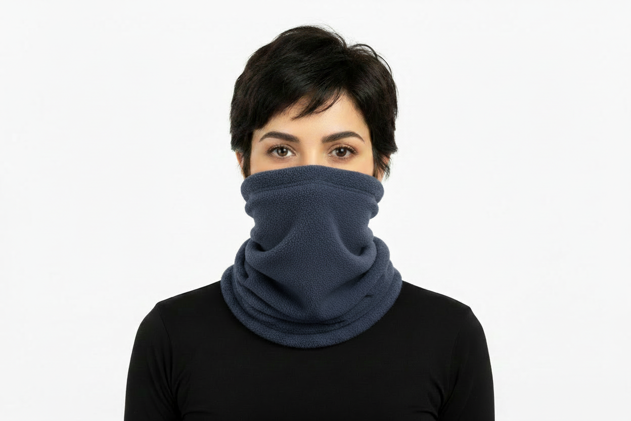 Woman Wearing Navy Fleece Neck Gaiter