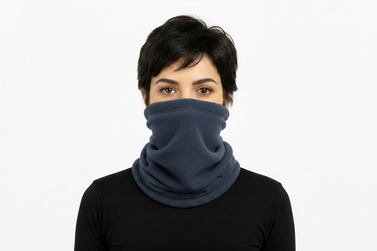 Woman Wearing Navy Fleece Neck Gaiter