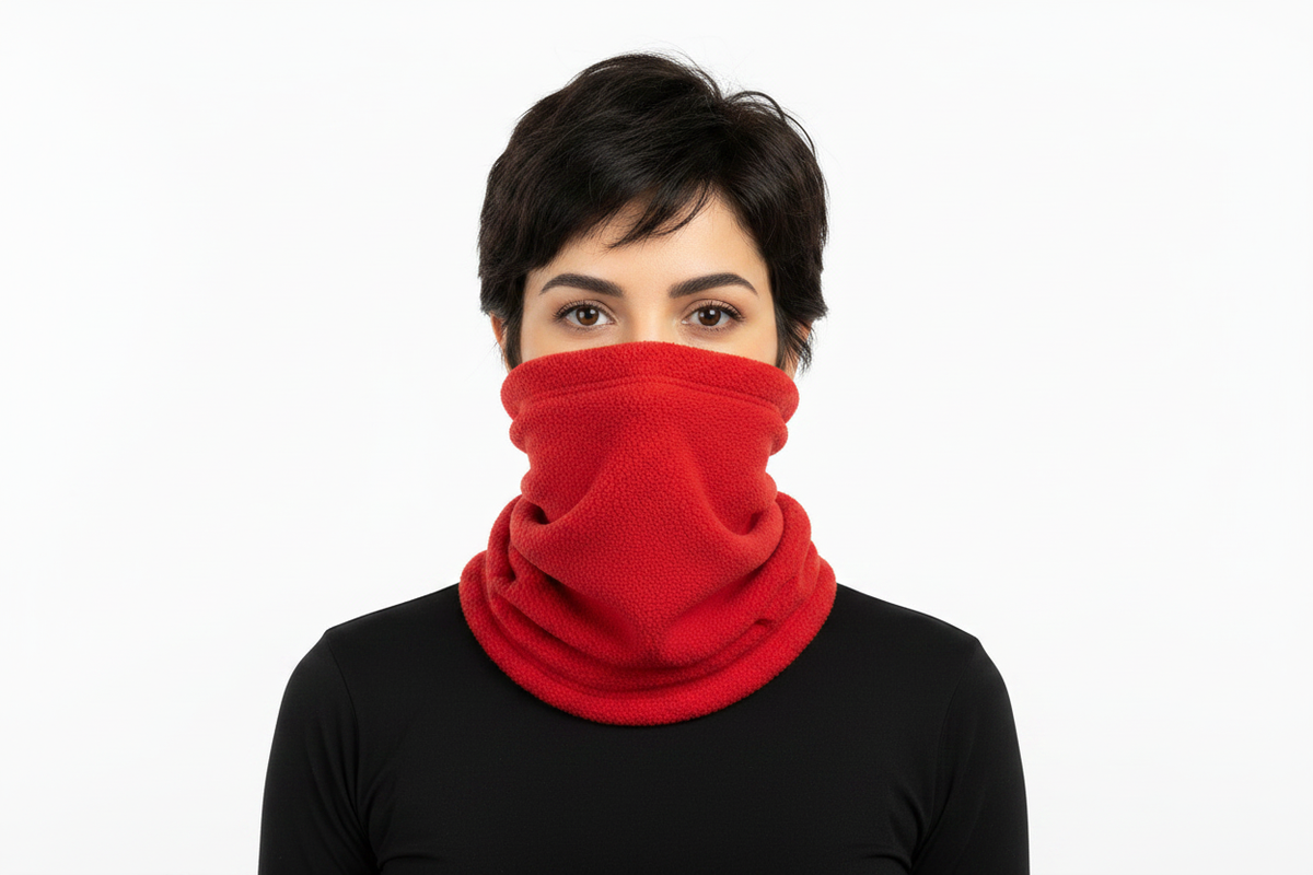 Woman Wearing Red Fleece Neck Gaiter