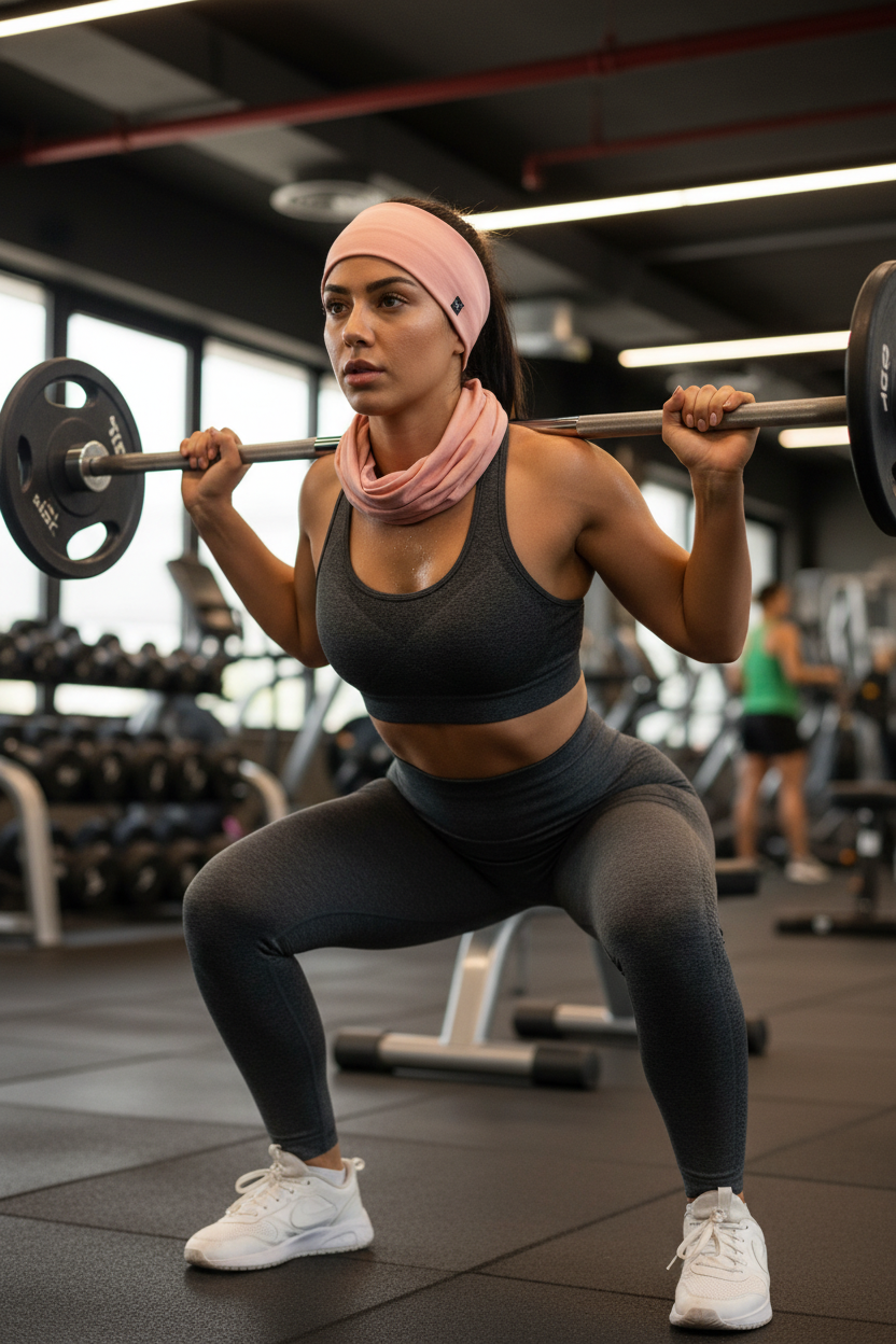 Woman wearing salmon pink headgear at gym