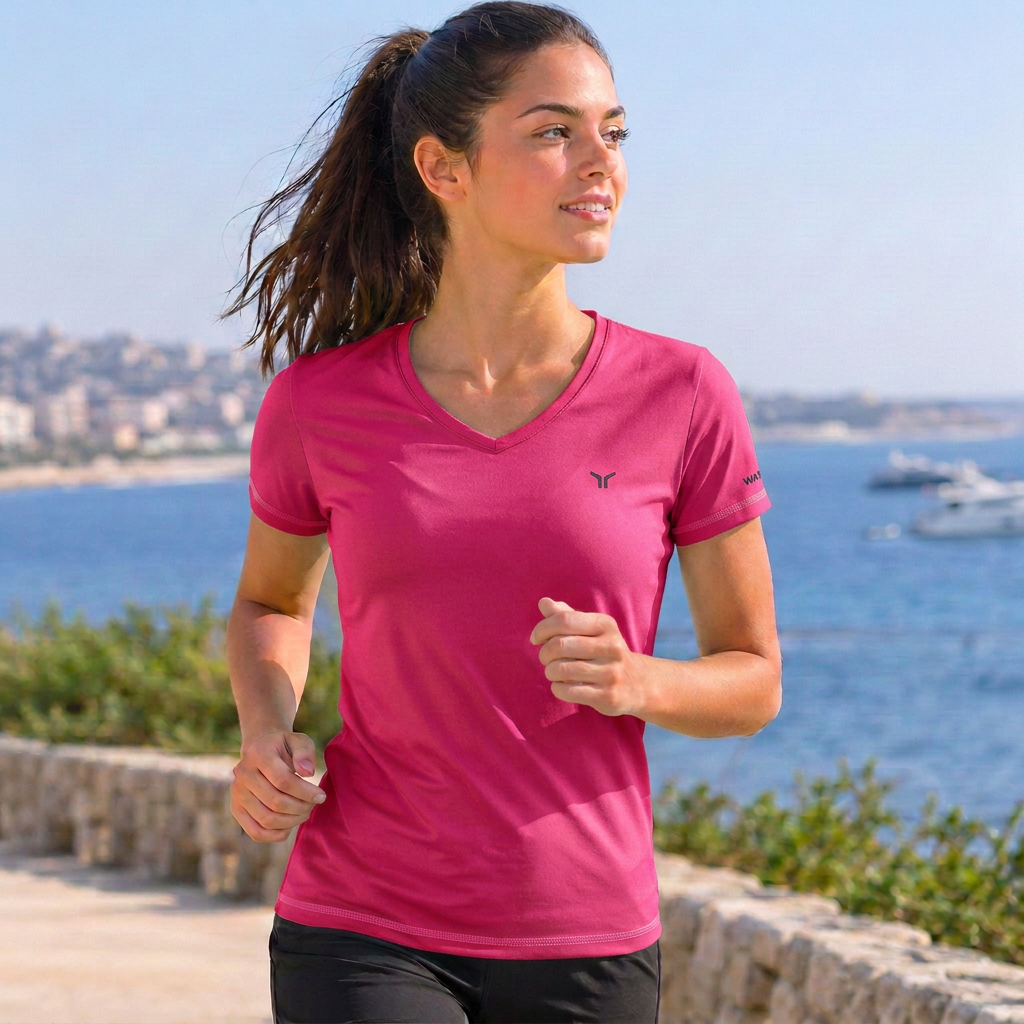 Woman wearing the fuchsia T-shirt by the seaside