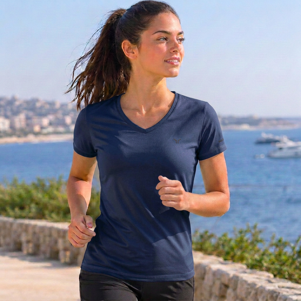 Woman wearing the navy T-shirt by the seaside
