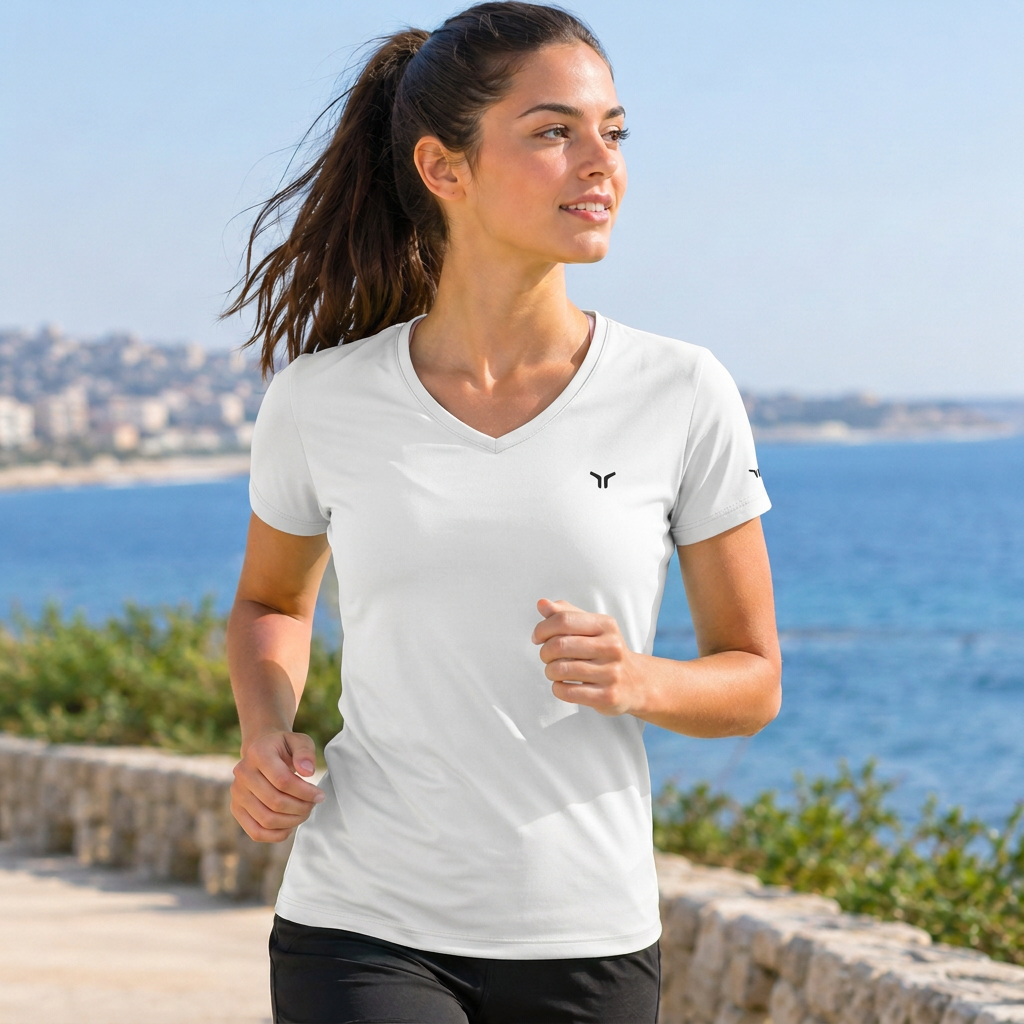 Woman wearing the white V-neck T-shirt