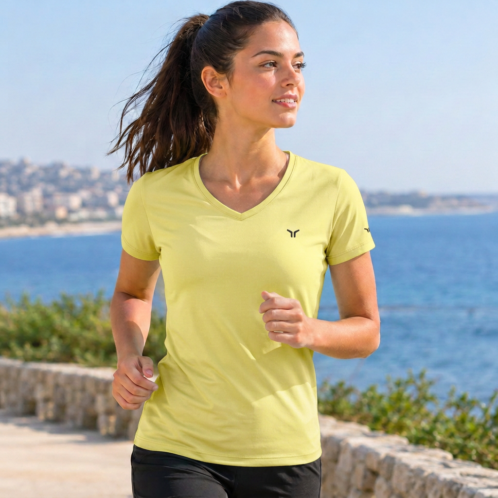 Woman wearing the yellow V-neck T-shirt