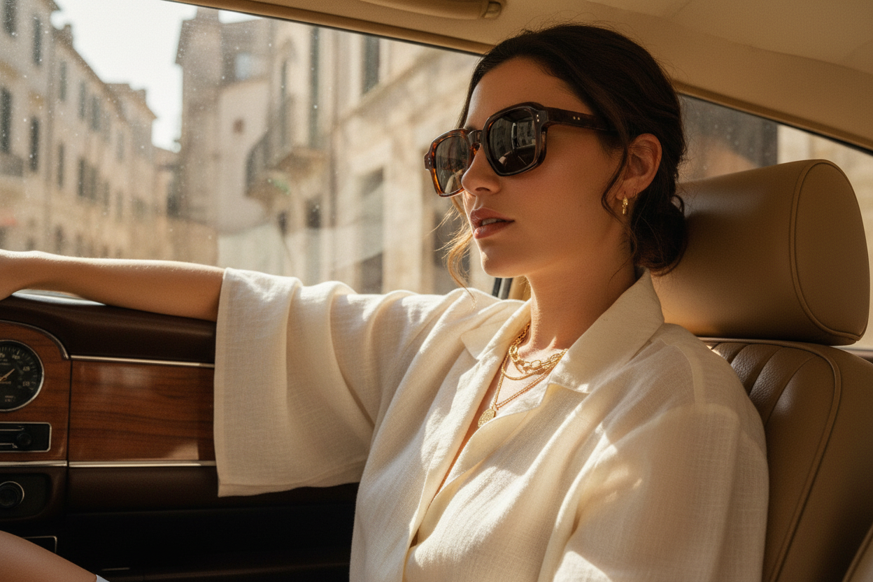 Woman wearing tortoiseshell sunglasses in car