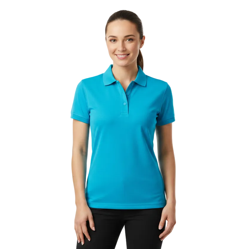 Woman wearing turquoise polo