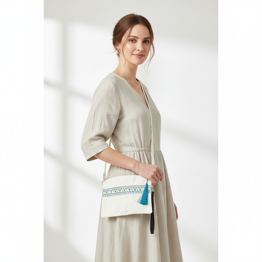 Woman wearing white crossbody bag with turquoise and yellow geometric pattern