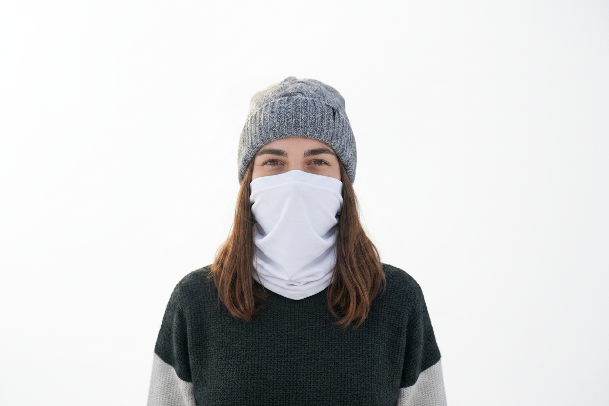 Woman wearing white neck gaiter