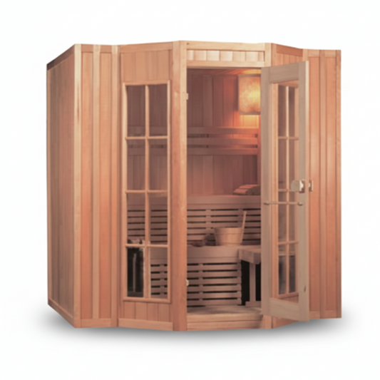 Wooden sauna room on white background