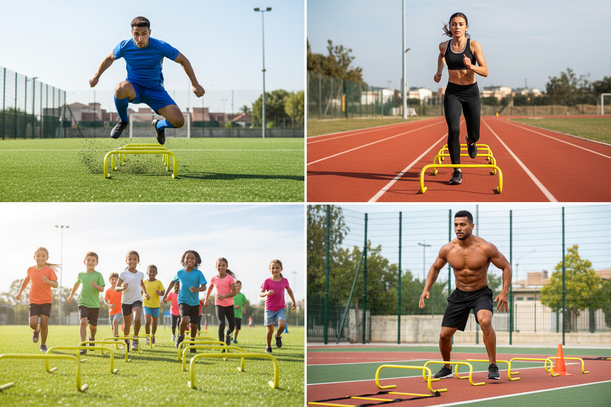 Yellow agility hurdles multi-sport lifestyle collage