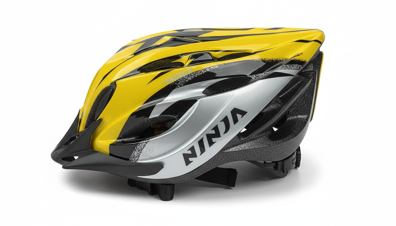 Yellow and black Ninja cycling helmet side view on white background