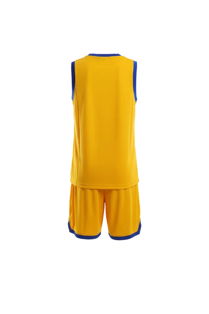 Yellow and blue basketball uniform back view - ghost mannequin