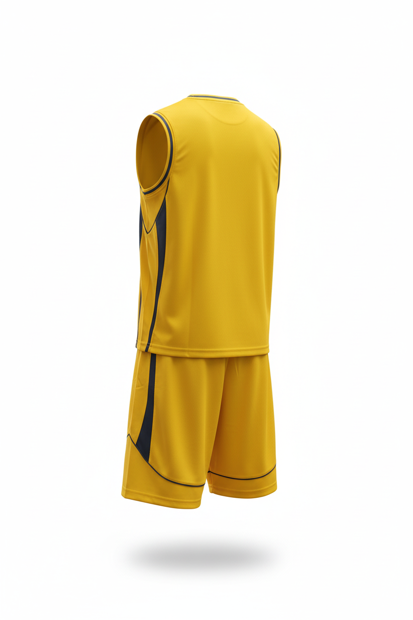 Yellow and navy basketball uniform back view ghost mannequin