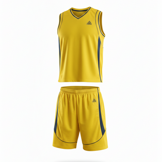 Yellow and navy basketball uniform front view ghost mannequin