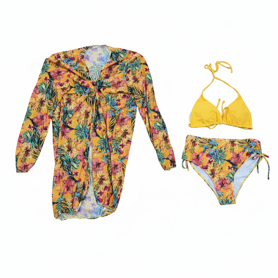 Yellow Hibiscus Tropical Swimsuit Set White Background