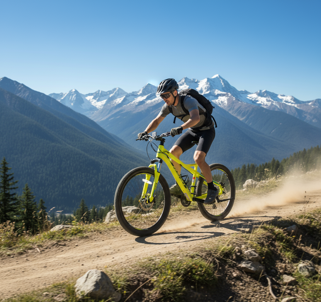 Yellow mountain bike on mountain trail