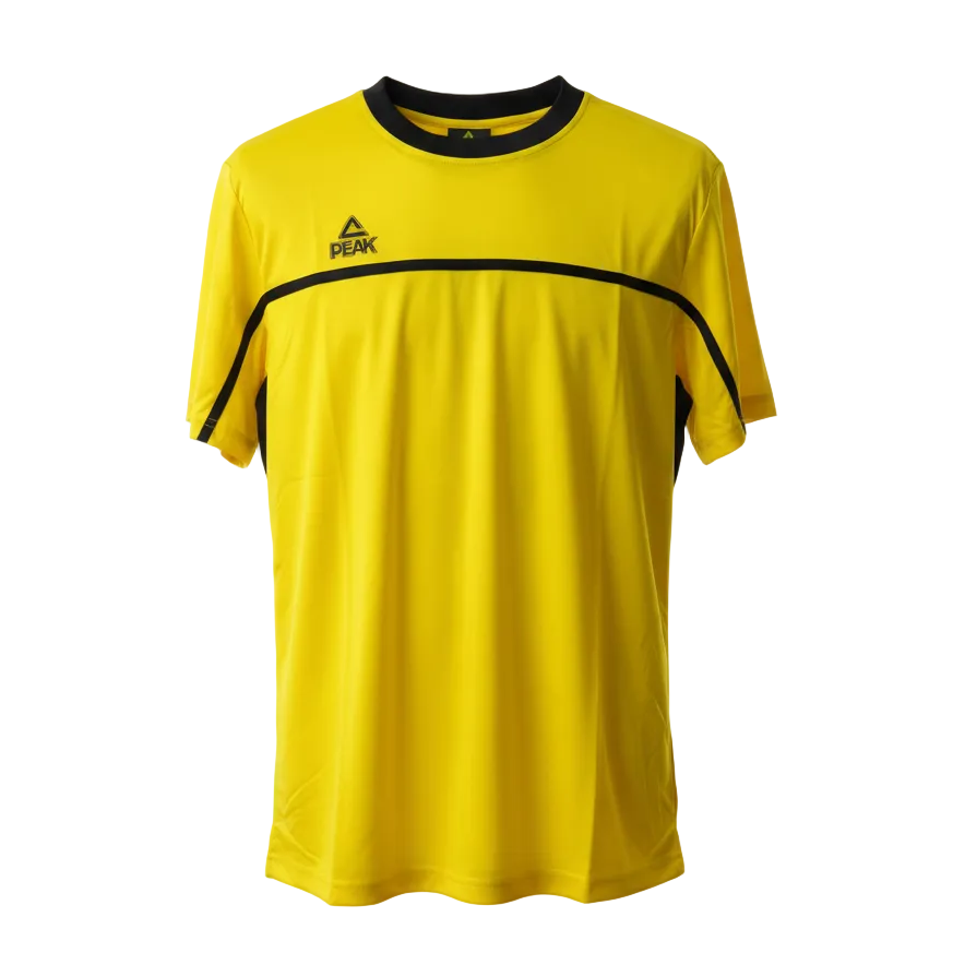 Yellow PEAK football t-shirt straight-on front view with ghost mannequin effect on white background