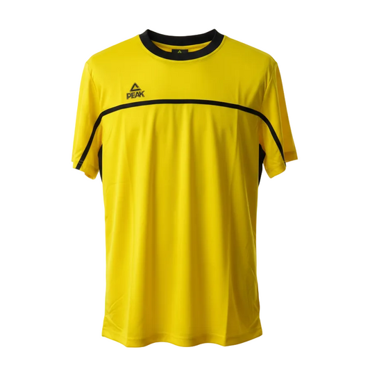 Yellow PEAK football t-shirt straight-on front view with ghost mannequin effect on white background