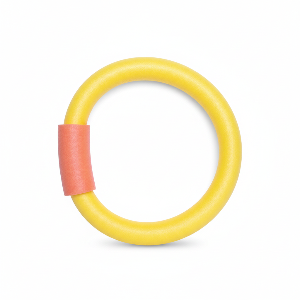 Yellow pool noodle ring with pink connector on white background