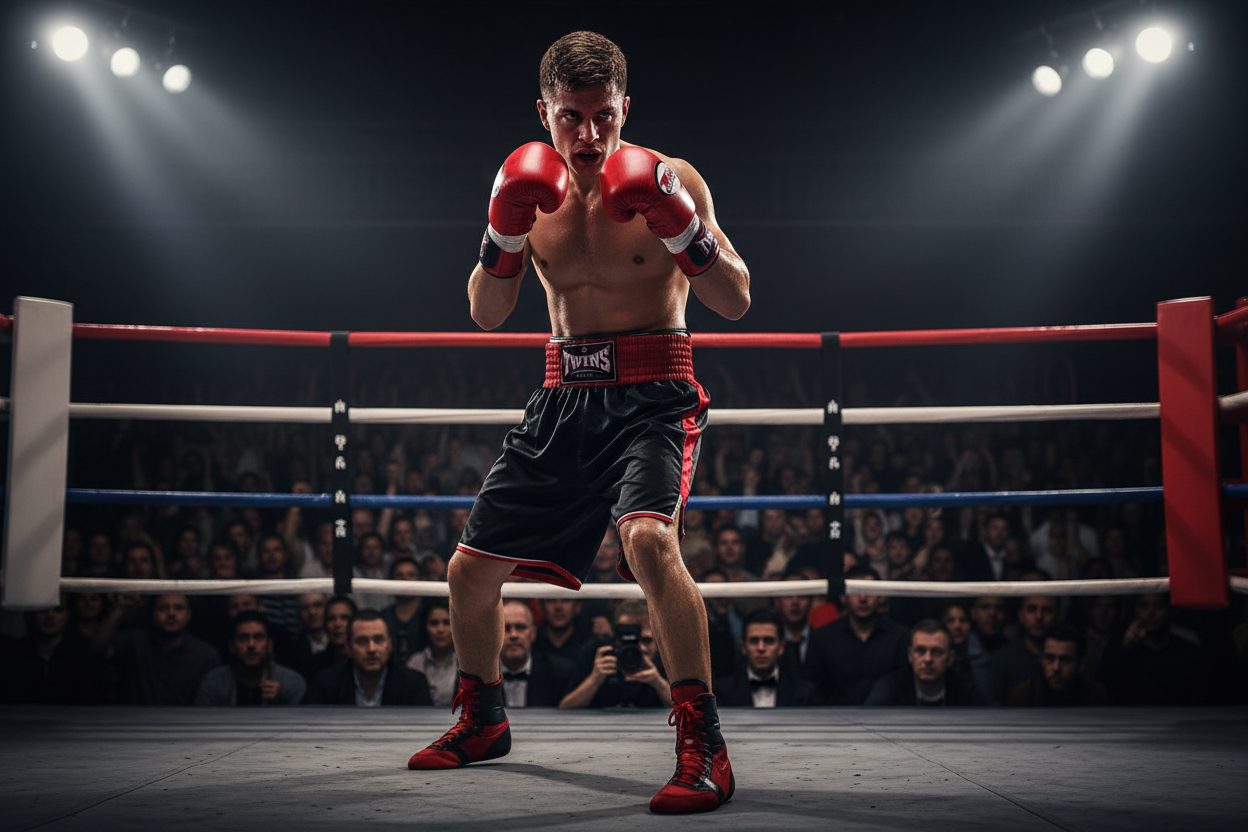 Young Boxer with Twins Special Gloves in Competition