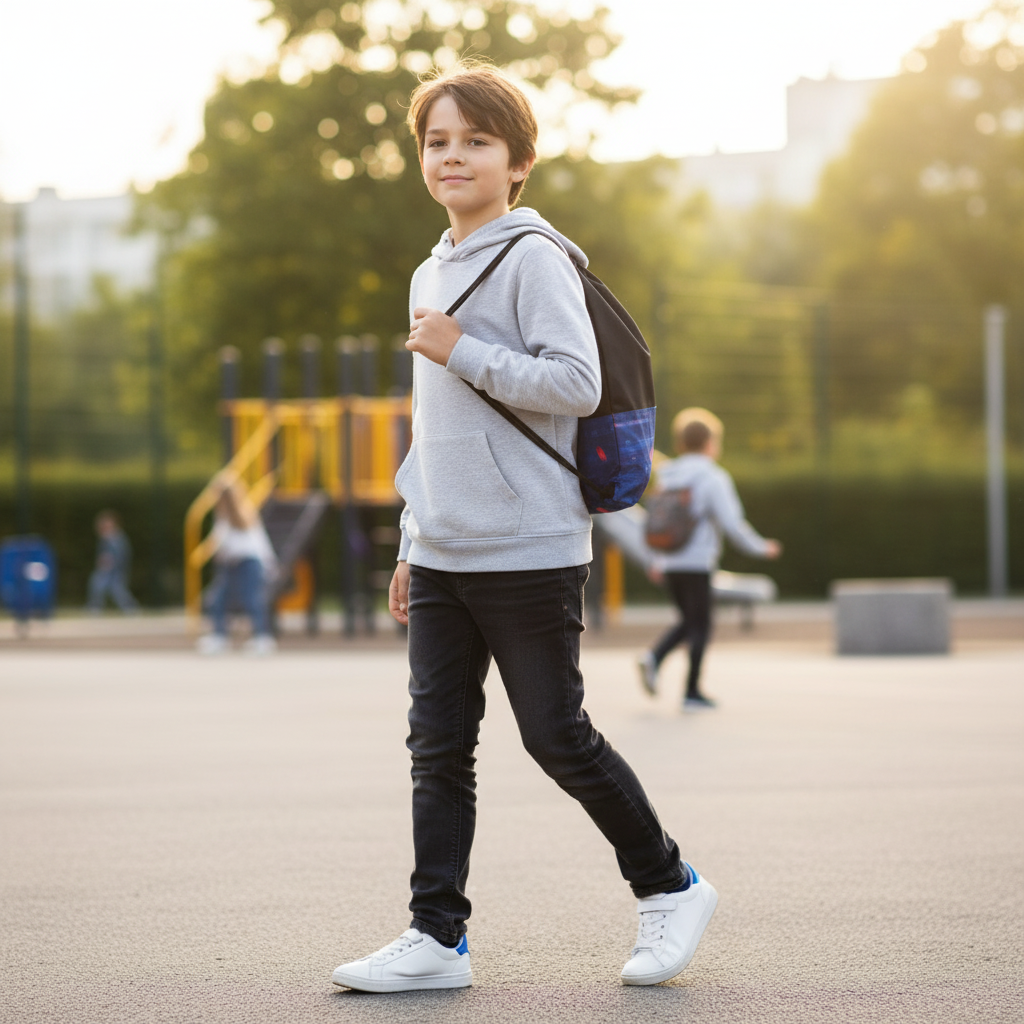 Young boy carrying black and blue drawstring bag