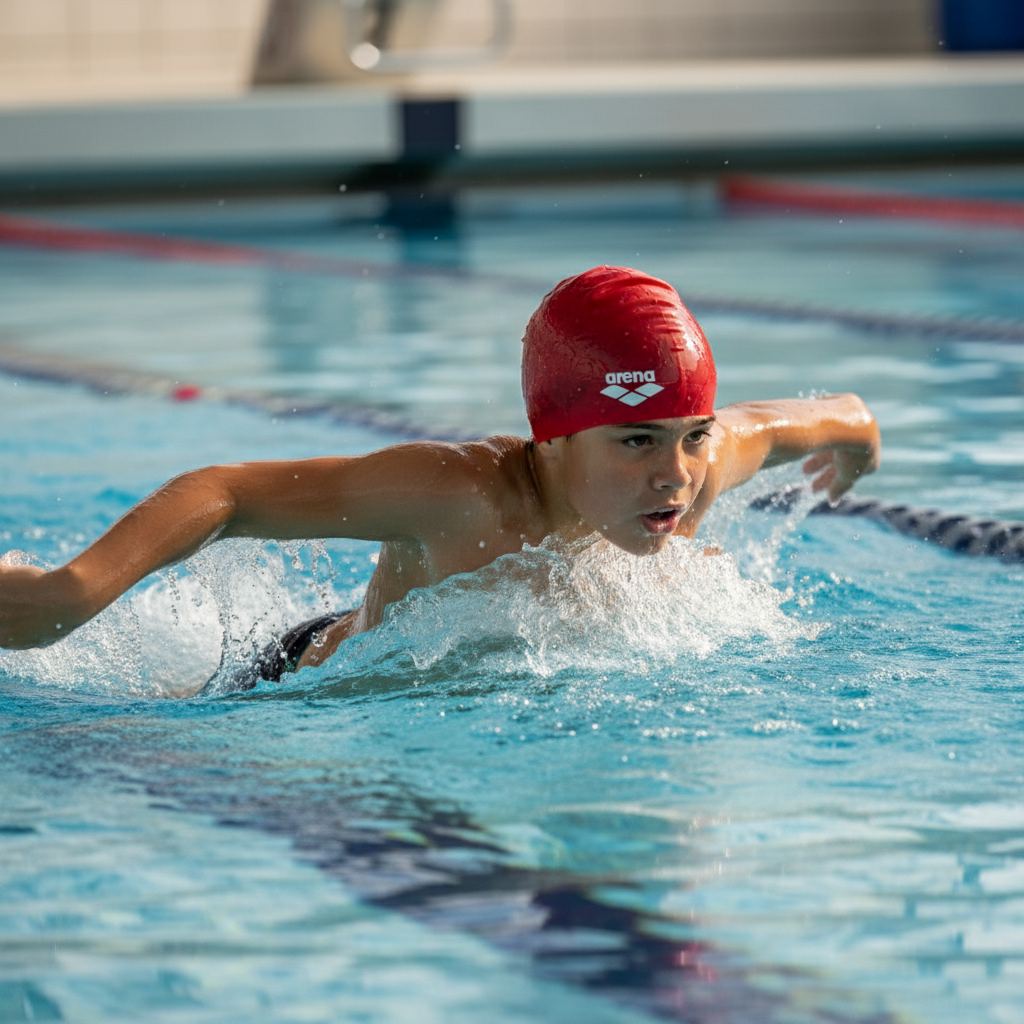 Young boy swimming in pool wearing red Arena cap