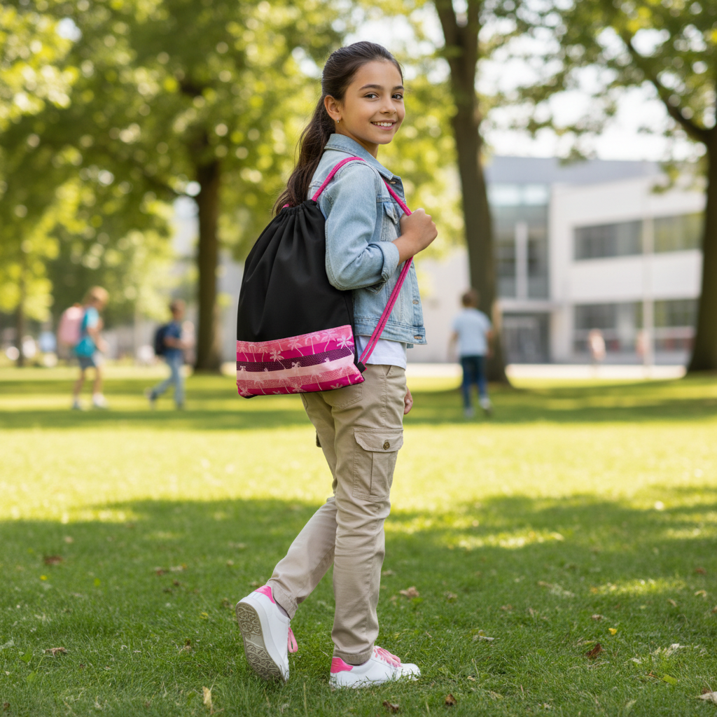 Young girl carrying black and pink tropical drawstring bag