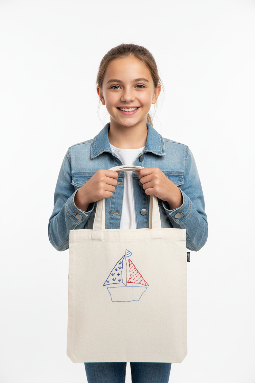 Young girl holding sailboat tote bag