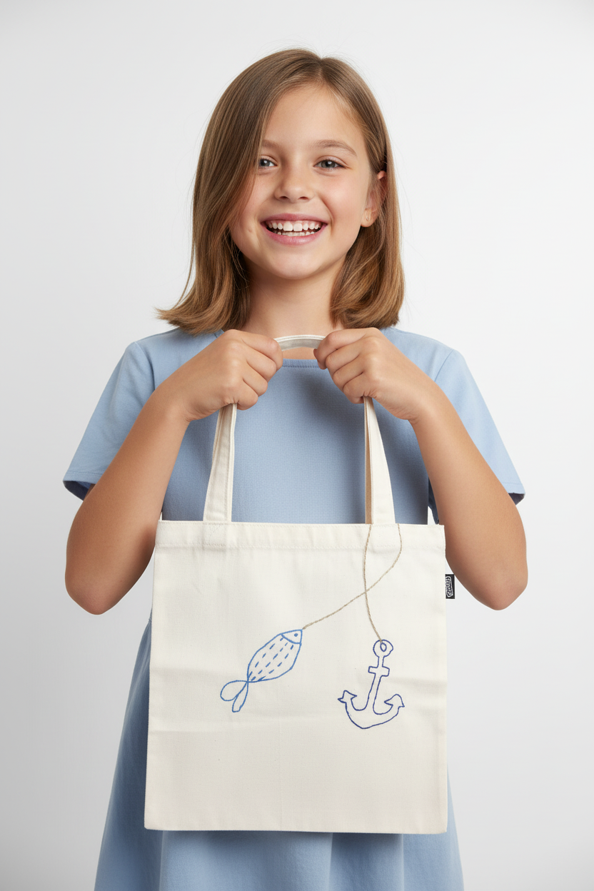 Young girl holding small fish and anchor tote bag