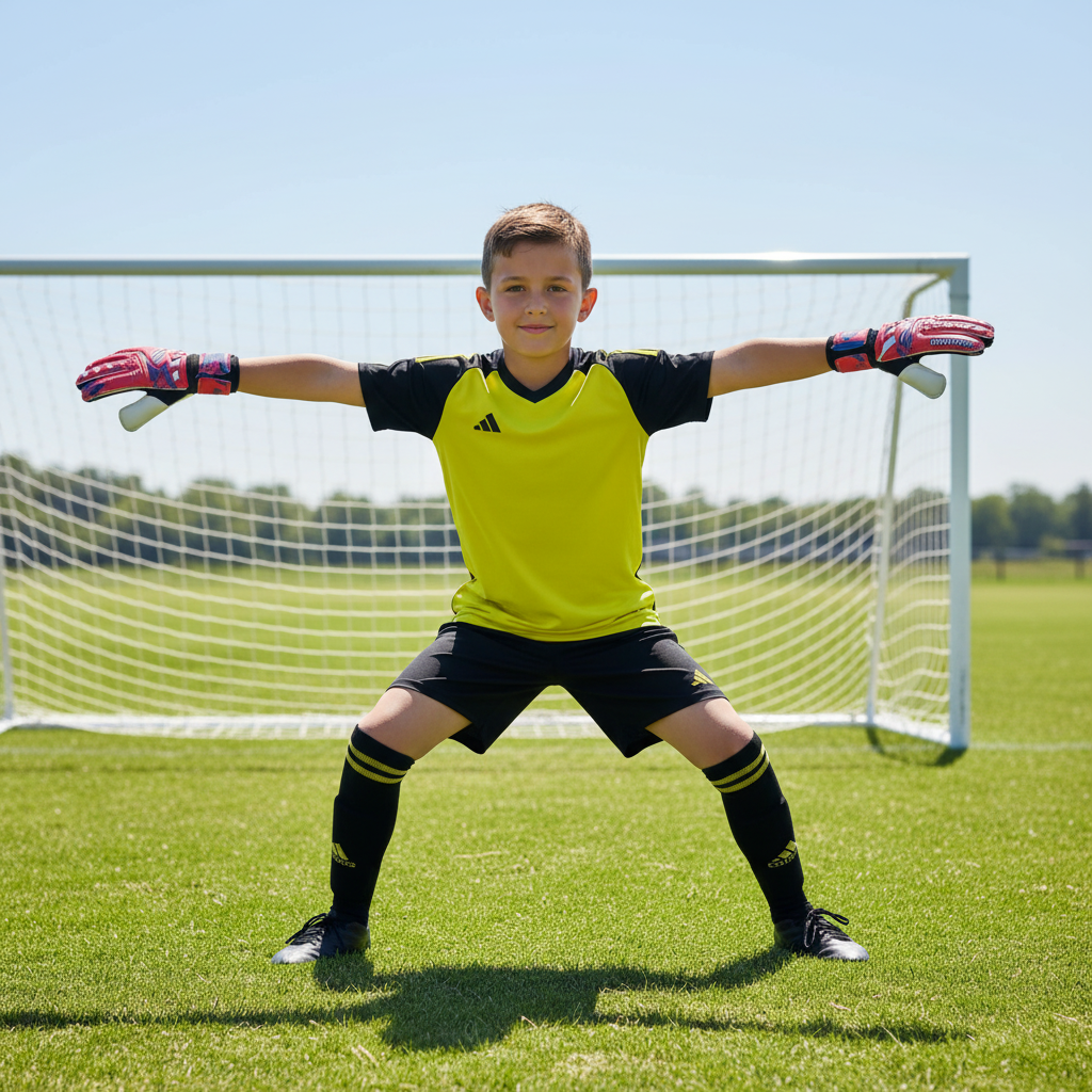 Young Goalkeeper Wearing Red Predator Gloves