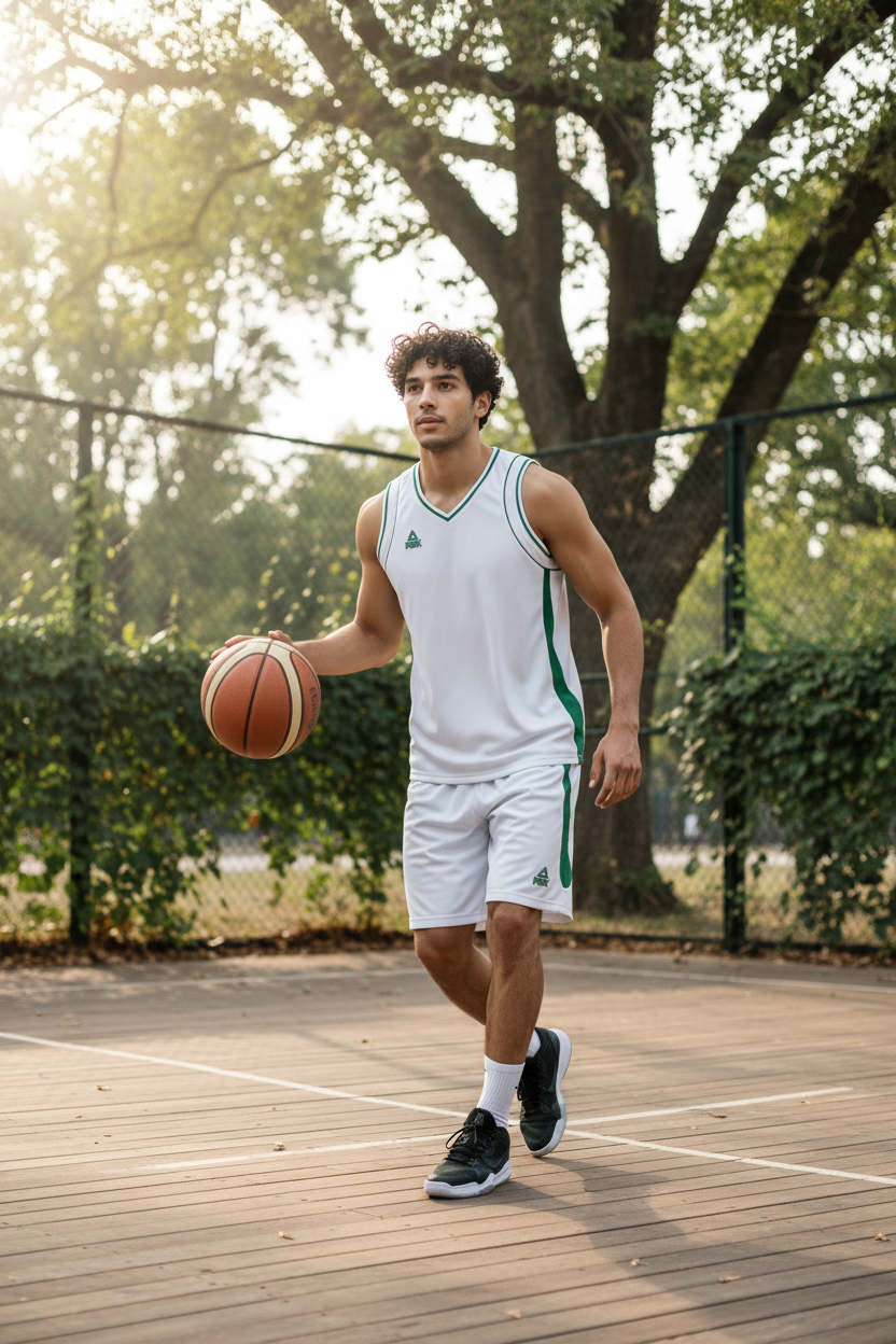 Young man wearing white and green basketball uniform lifestyle