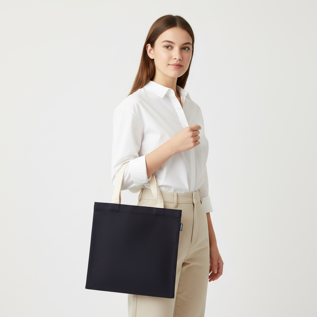 Young woman holding navy blue small tote bag with beige handles