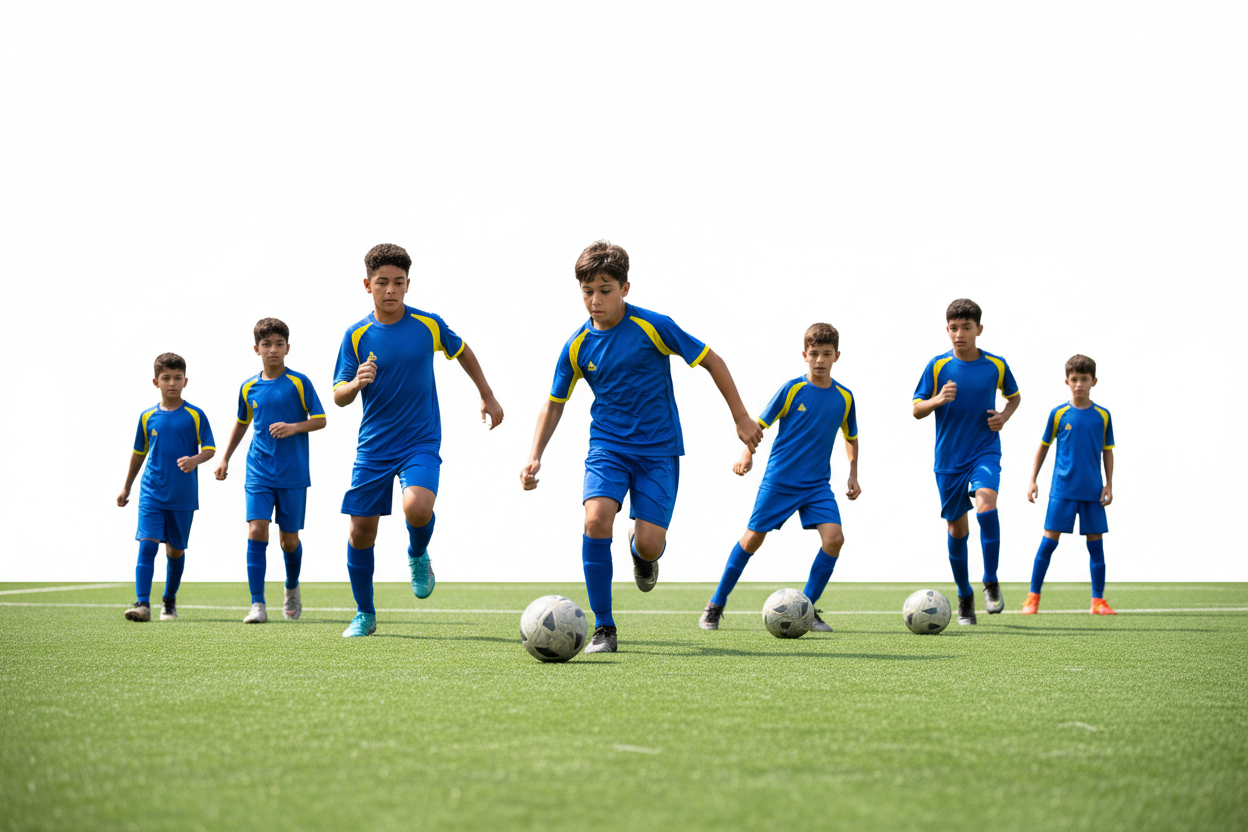 Youth football team wearing royal blue and yellow PEAK t-shirts playing football