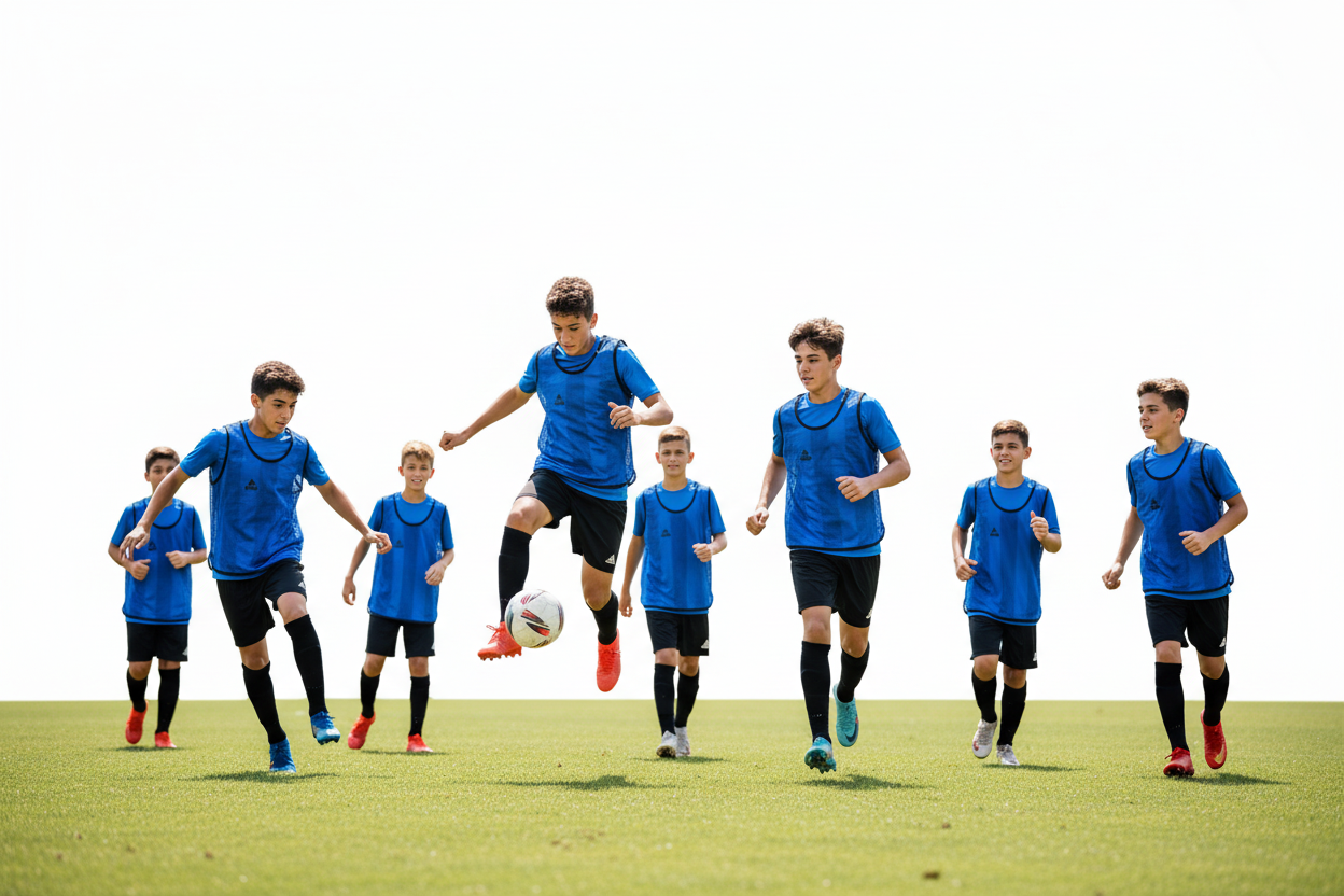 Youth football team wearing royal blue PEAK mesh vests playing football